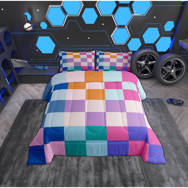 Erosebridal Checkered Gingham Bedding Sets Queen with Comforter, Colorful Rainbow Duvet Insert, Rectangle Geometry Reversible Bedding Queen Comforter Set, Lightweight Room Decorative, 3pcs