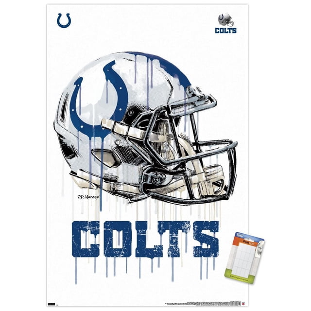 NFL Indianapolis Colts - Drip Helmet 20 Wall Poster featuring a centered, front-facing white football helmet with a blue horseshoe logo and black facemask, with blue paint drip effects and distressed 'COLTS' text below, printed on glossy FSC-certified poster paper, 22.375" x 34", suitable for decorating bedrooms, offices, or dorm rooms.