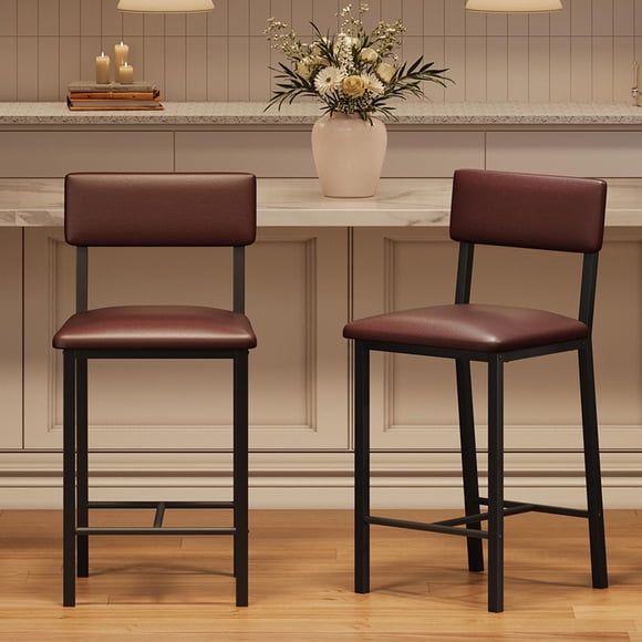 Set of 2 Counter Height Bar Stools – 25" Upholstered PU Leather Chairs – Brown