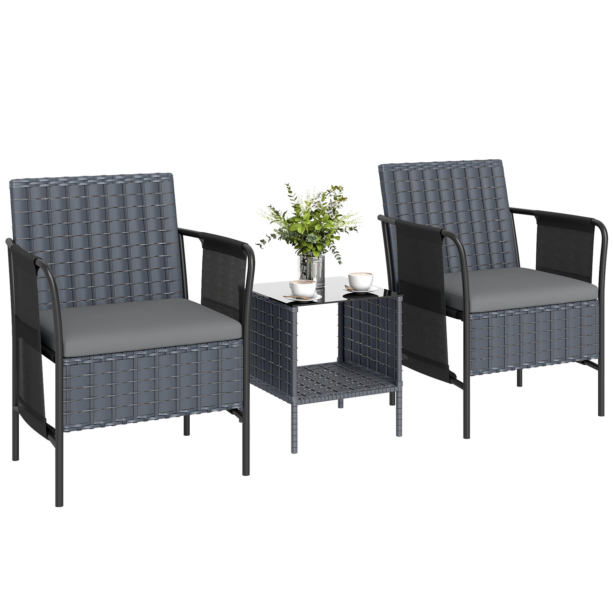 Outsunny 3 Piece Wicker Patio Furniture Bistro Set with Side Pocket, Grey