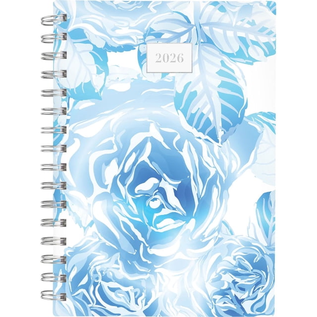 2026 Cambridge® Blue & White Classic Rose Small Weekly Planner with twin coil binding and a customizable cover featuring an abstract blue and white rose design with silver foil accents, measuring 5 1/2 by 8 1/2 inches, suitable for weekly and monthly scheduling.