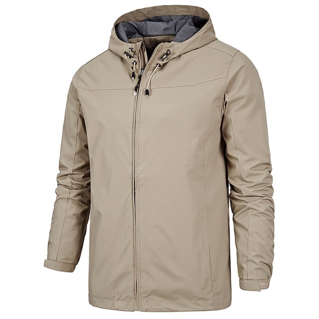MAWCLOS Men's Lightweight Long Sleeve Hooded Jacket Work Drawstring Windbreaker Khaki 4XL
