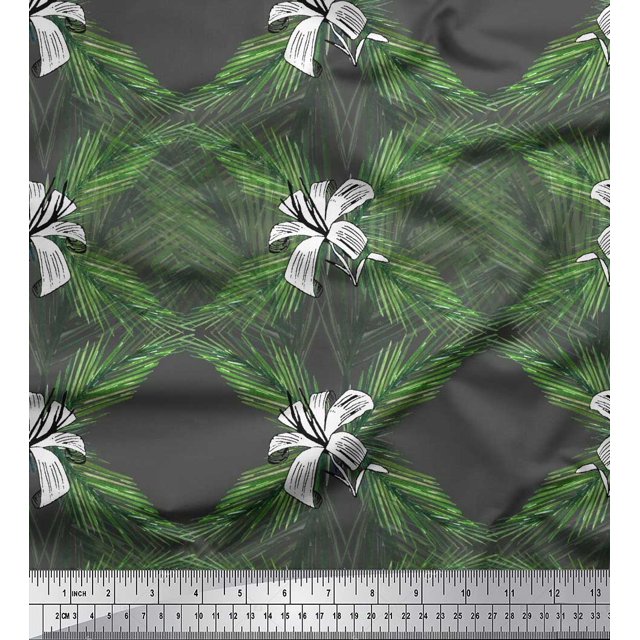 Soimoi Gray polyester Crepe Fabric Pine & Leaves Print Sewing Fabric Yard 42 Inch Wide