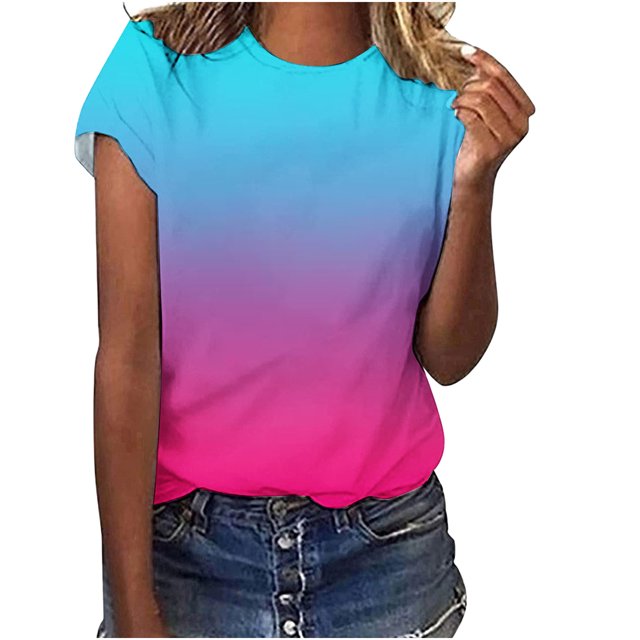 Yuyuzo Short Sleeve T Shirts for Women Round Neck Shirts Gradient Color Summer Tops Plus Size