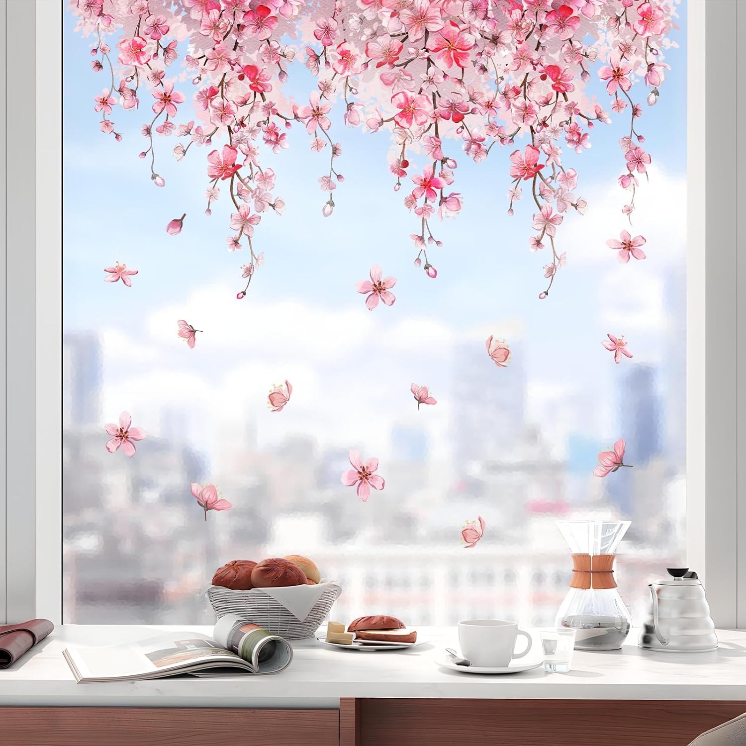 Fleur Cerisier Stickers Fenetre Fleurs Roses Autocollant Fenetre Suspendues Printemps Appliques Sticker Fenetre Réutilisables de Porte Vitre Fenêtre en Verre Antistatique Double Face