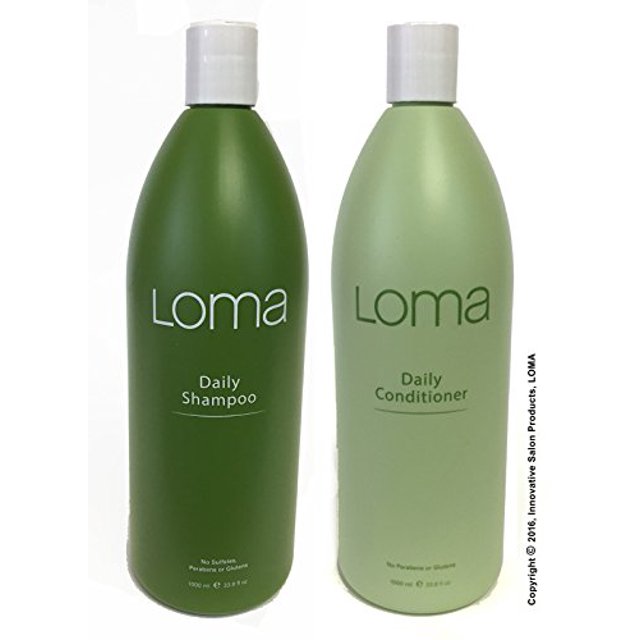 LOMA Daily Shampoo and Daily Conditioner DUO PACK, 33-ounce bottles, designed for hair care and personal care. The green packaging features white text. Enriched with quinoa protein, aloe vera gel, fennel seed, sunflower seed, panthenol, and tocopherol to repair hair, add moisture, and protect colour vibrancy.