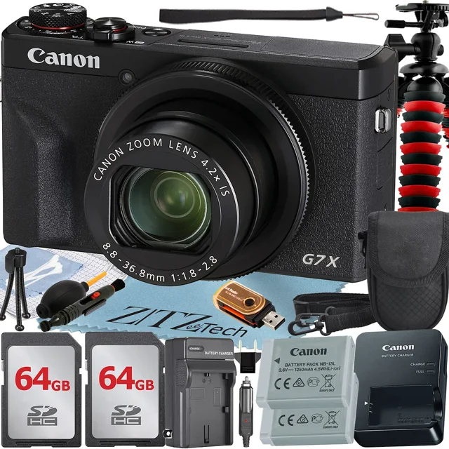 Canon PowerShot G7 X Mark III Digital Camera (Black) with 2 Pieces 64GB Memory Card + Case + Tripod + ZeeTech Professional Bundle