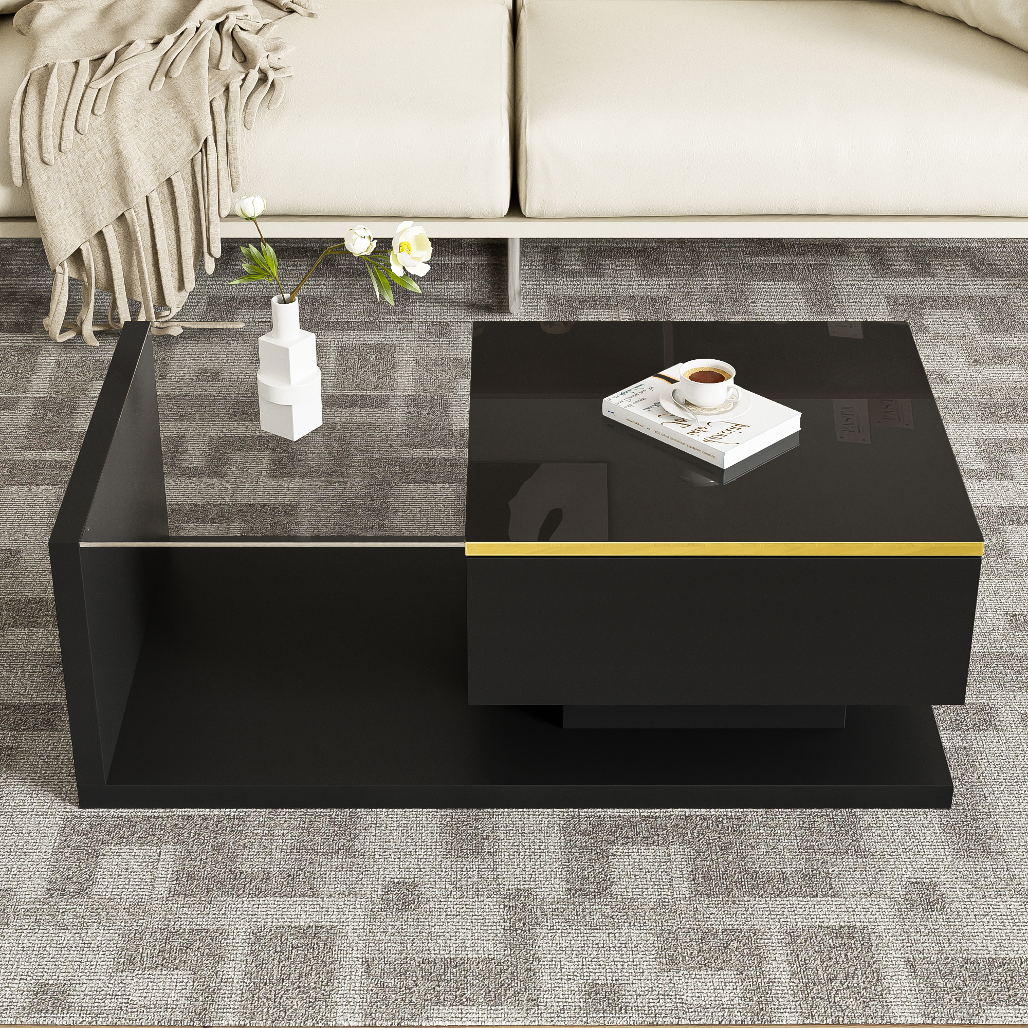 Noble House 39.4" High-Gloss Black Coffee Table, Tempered Glass with Dimmable LED, Storage Compartment & Open Shelves,Black