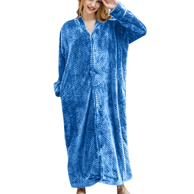 Besolor Womens Long Housecoat Robe Fleece Zip up Front Robe Bathrobe Plush Warm Nightgown Loungewear with Pockets