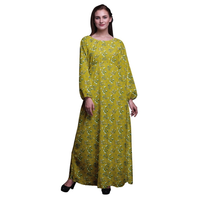 Bimba Robe Maxi à Manches Longues pour Femmes en Georgette Mousse avec Boutons et Imprimé Floral de Lotus, Taille Élastique - Très Petit