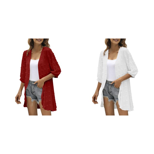 2 Pack(White 1PCS & Red 1PCS) Multipack Women Casual Cardigan Three Quarter Sleeve Open Front Plus Cardigan Lightweight Dots Cardigan Draped Ruffles Cardigan