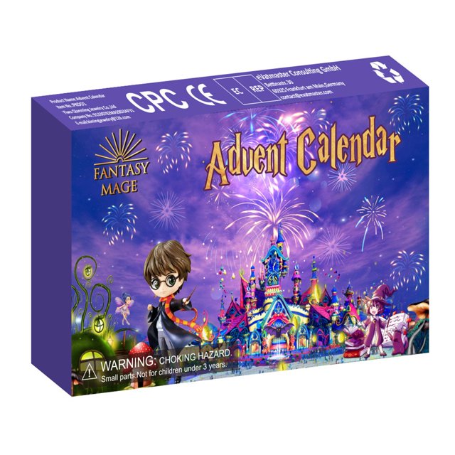 Harri Botter Christmas Advent Calendar 2024 with 24 surprise blind boxes containing random action figure toys. The packaging features colorful holiday-themed artwork with fireworks, a magical castle, and whimsical characters. Ideal toy advent calendar for kids and holiday gift for Christmas countdown.