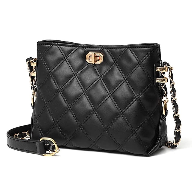 Petit Sac Bandoulière pour Femmes en Cuir PU Noir avec Motif Matelassé et Quincaillerie Ton or. Doté d'Une Sangle Ajustable avec une Longueur de Retombée de 20,47 à 23,62 Pouces et une Fermeture Sécurisée à Verrouillage Torsadé. Format Compact Mesurant 8,26 Pouces de Longueur, 3,15 Pouces de Largeur et 5,91 Pouces de Hauteur, Convient pour Transporter des Essentiels comme un Portefeuille, un Téléphone, des Clés et des Cosmétiques. Conçu pour un Usage Quotidien et pour Offrir Lors d'Objets comme les Anniversaires, la Saint-Valentin Ou Noël.