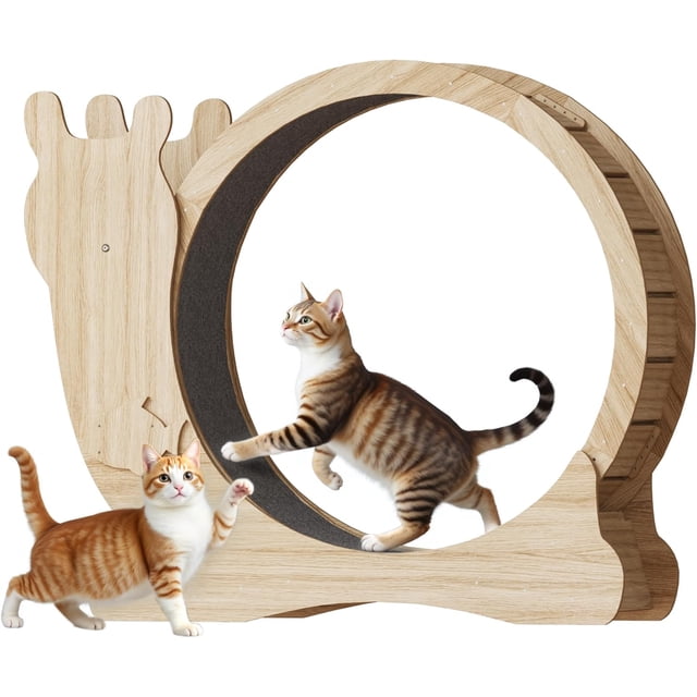 Homall Cat Roue d'Exercice, Grand Tapis Roulant en Bois Naturel de 48 Pouces avec Mécanisme de Verrouillage, Fonctionnement Silencieux et Piste Tapisée. la Roue Présente une surface Antidérapante Conviviale pour les Pattes et un design stable et Fermé pour une Utilisation Sécuritaire. Deux Chats Sont Montrés Interagissant avec la Roue, l'Un Marchant à l'Intérieur et l'Autre Se Tenant à Proximité. Idéal pour les Chats d'Intérieur pour Favoriser des Modes de Vie Actifs et Soutenir le Contrôle du Poids.