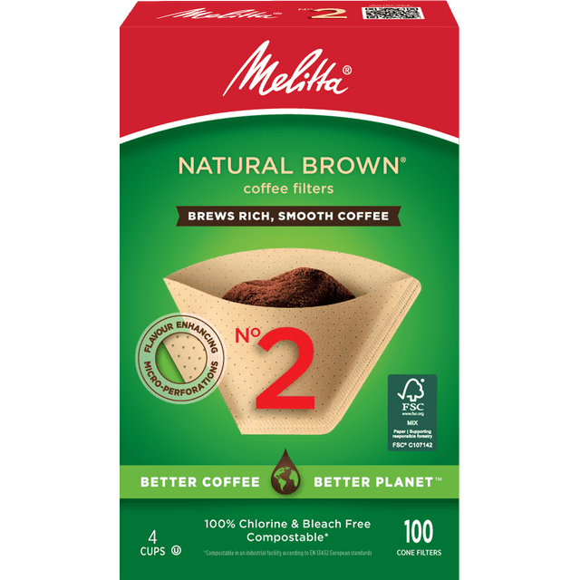 Melitta Natural Brown #2 Coffee Filters box with red and green design showing a brown cone filter filled with coffee grounds, featuring patented flavour enhancing micro-perforations for richer, smooth coffee extraction, suitable for 4-cup brewers, 100% chlorine and bleach free, compostable, containing 100 cone filters.