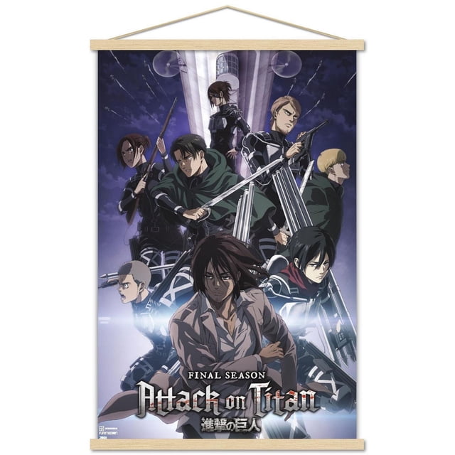 Attack on Titan: Season 4 - Key Visual 2 Wall Poster depicting characters in black tactical gear with swords and rifles posed in front of a tall tower under a dark night sky, printed on glossy 22.375 by 34 inch poster paper, ideal for decorating bedrooms, offices, or dorm rooms.