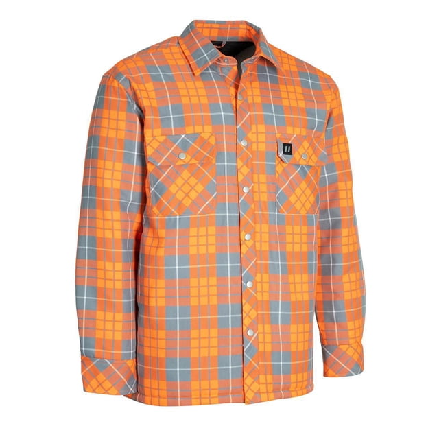 Forcefield Hi Vis Plaid Quilt-Lined Flannel Shirt Jacket in hi vis orange and grey plaid pattern, 100% cotton flannel with quilted lining and 5 oz polyester insulation, featuring six pockets, adjustable snap cuffs, and spring-loaded front snap closure, suitable for outdoor layering in cool Canadian weather.