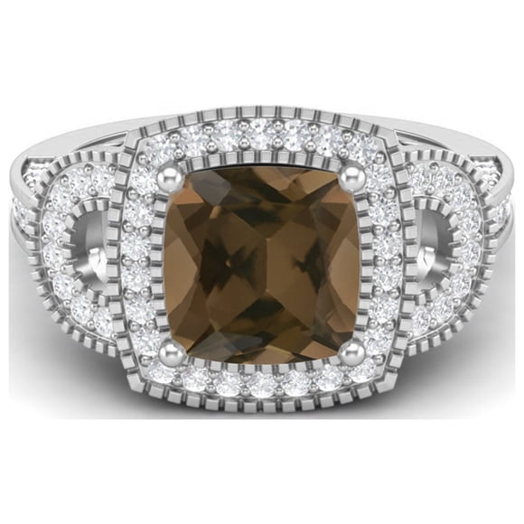 4.06 Ctw Cushion Smoky Quartz 925 Sterling Silver Solitaire Halo Women Wedding Ring