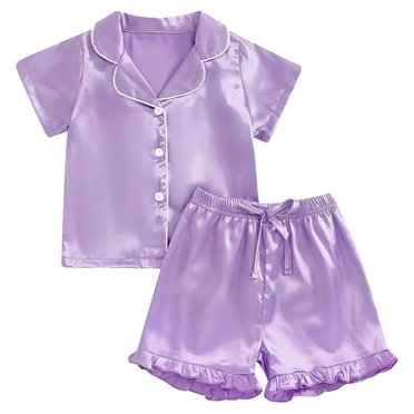 Kaemgyyd Pyjama en Satin 2 Pcs pour Enfants, Ensemble pour Tout-Petits Filles Garçons, Pyjama Boutonné à Manches Courtes, Tenue de Nuit et Shorts, Ensembles de Détente en Soie 2-13 T