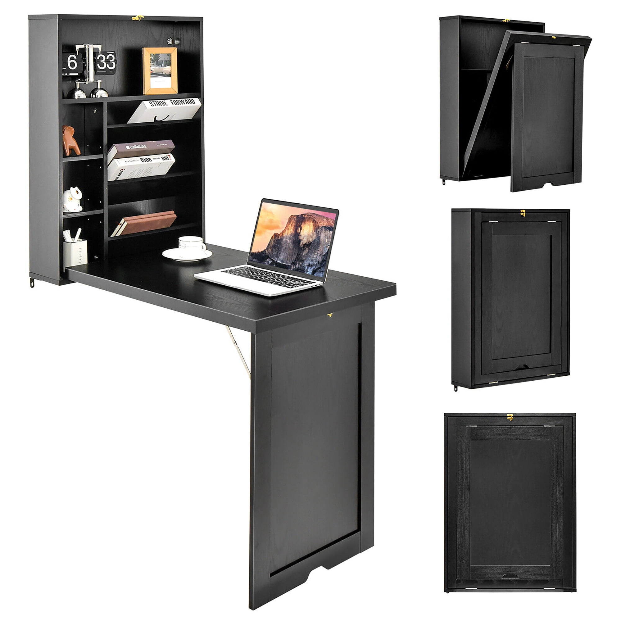 Gymax Wall Mounted Computer Convertible Desk Floating Desk w/ Storage Bookcases Black