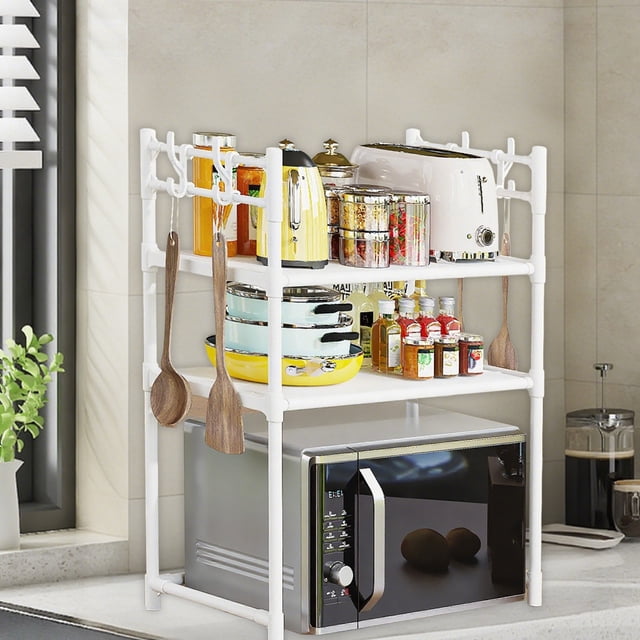 Iumwxz Microwave Oven Shelf Multi Layer Countertop Kitchen Organizer No Drill Easy Install Durable Space Saving Storage Rack Spice Towel Appliance Holder with Hooks 1 Piece white C