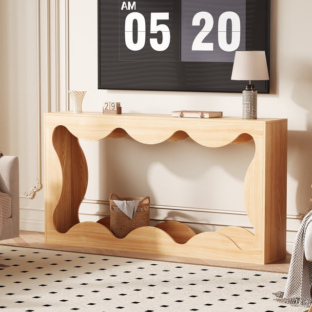 Space-Saving Farmhouse Console Table – 63" Narrow Wooden Sofa Table with Storage Shelf – Rustic Entryway or Living Room Accent – Durable Engineered Wood – Wood Color