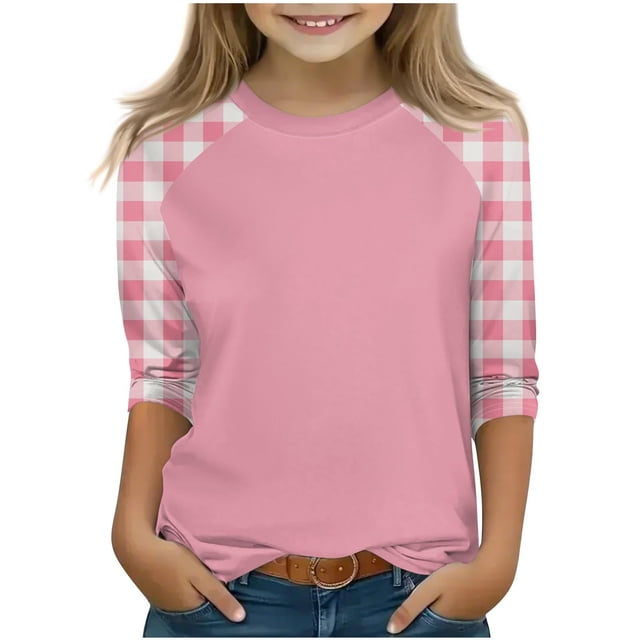 SERTG T-Shirt Mode Enfant Col Rond Manches 3/4 Imprimé Col Rond pour Été et Printemps 4-15 Ans (Rose2,11 Ans)
