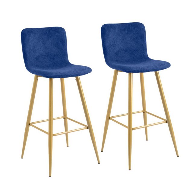 Homylin modern counter height bar stools set of 2 with 30-inch upholstered blue seats and supportive backs, featuring golden metal legs and footrests, ideal for home bar or kitchen island seating and casual dining.