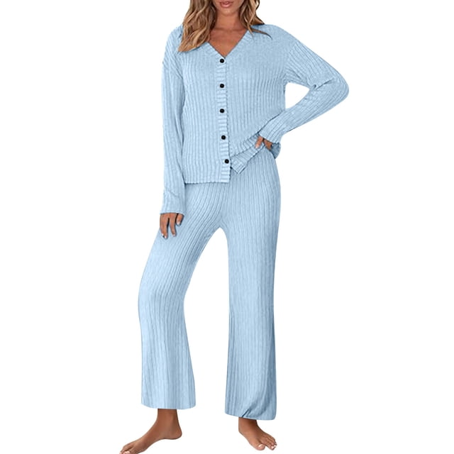 Diufon Matching Lounge Sets for Women Ribbed Long Sleeve Button Tops Matching Pants Sleepwear Set Fall Winter Outfits