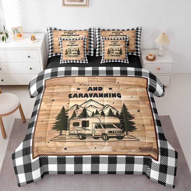 Erosebridal Ensembles de Couette Happy Camping Format Double, Couettes et Duvets Rustiques pour Roulotte, Décor à Carreaux Noirs, Réversible 7 Pcs