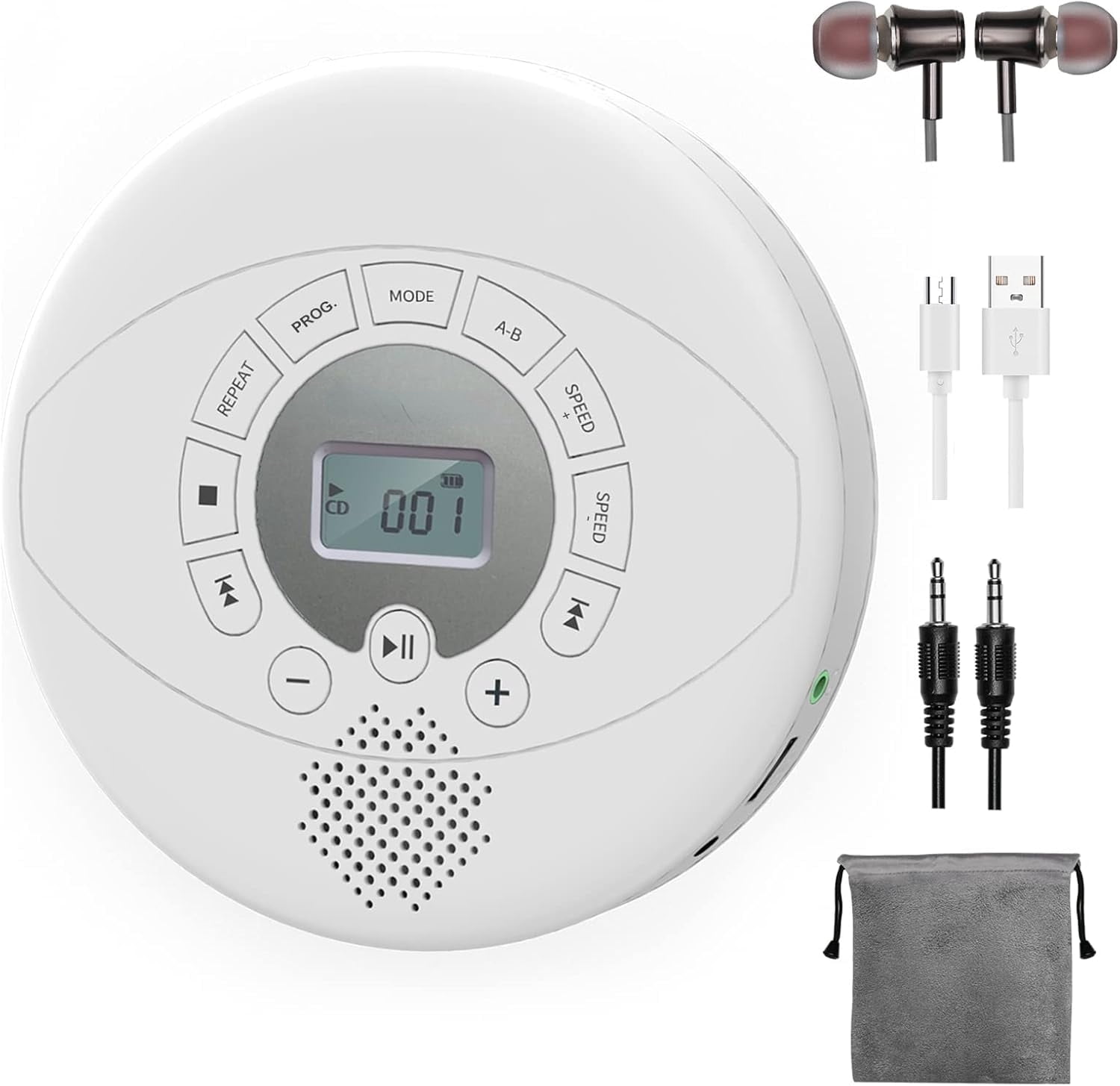 ELEPEX Portable CD Player, Walkman CD Player with Headphones, Discman with Speaker,Anti-Skip CD Player for Car, Rechargeable 1500mAh, CD,USB disc playable with Memory, AUX in for audiobook, White196