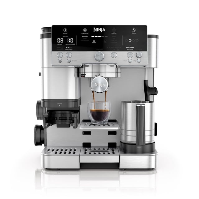 Ninja Luxe™ Café Premier Series 3-in-1 Espresso, Coffee and Cold Brew Machine in brushed stainless steel with black accents, featuring a digital control panel with grind size and brew options, integrated conical burr grinder with 25 settings, espresso pouring from dual spouts into a clear glass cup, and a stainless steel dual froth system for steamed, thick, thin, or cold foam milk.