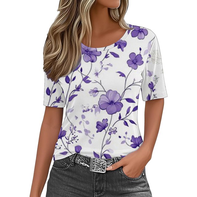 WZXFASHION Hauts d'Été pour Femmes 2025 Col Rond T-Shirts à Manches Courtes Blouses Décontractées T-Shirts Imprimés Mignons Amples Tenues Tendance Soldes de Liquidation T-shirt à Manches Courtes pour Femme