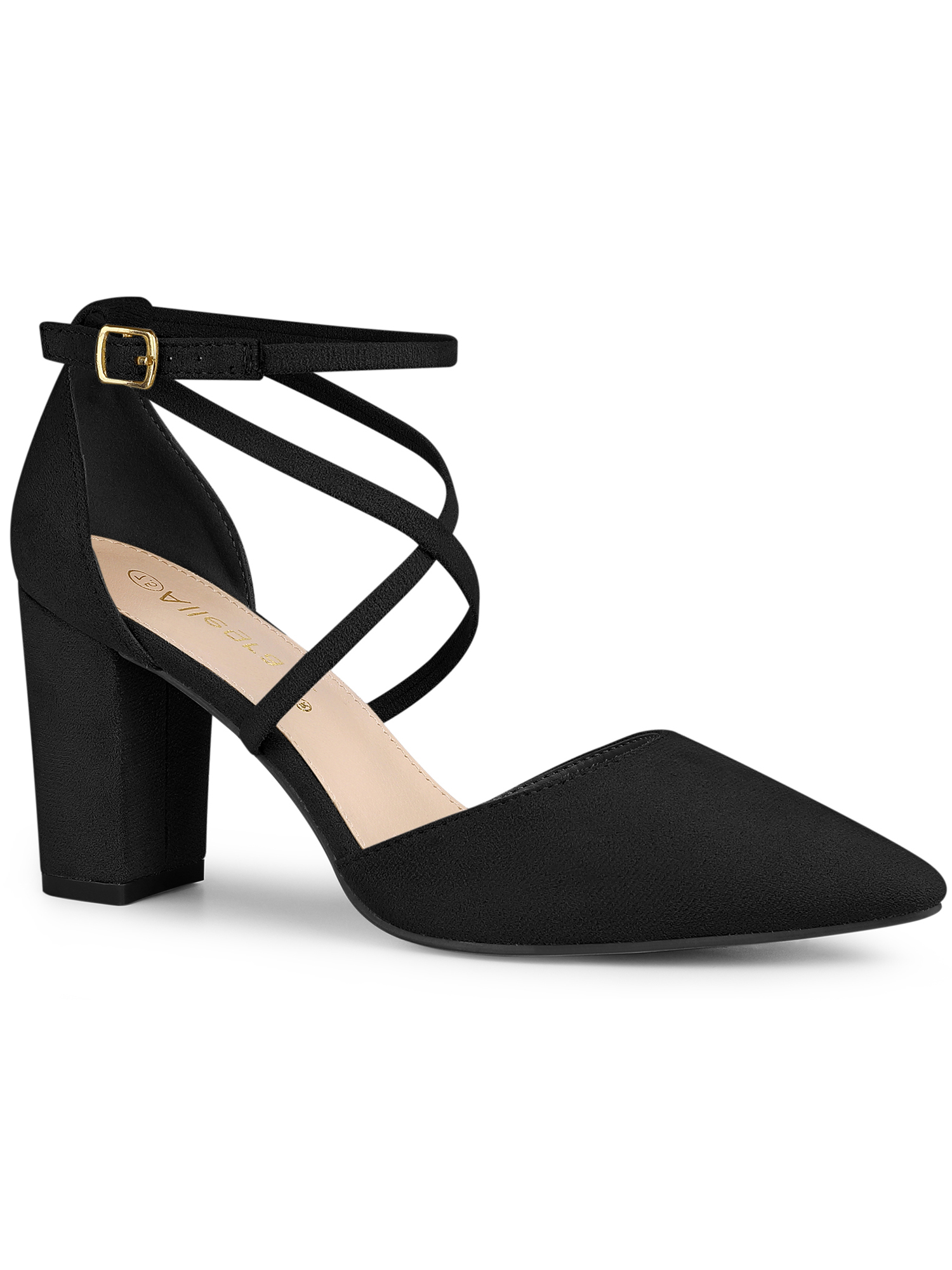 BLISSFUL STEP Women's Pointed Toe Cross Strap Block Heels Pumps Black 7.5