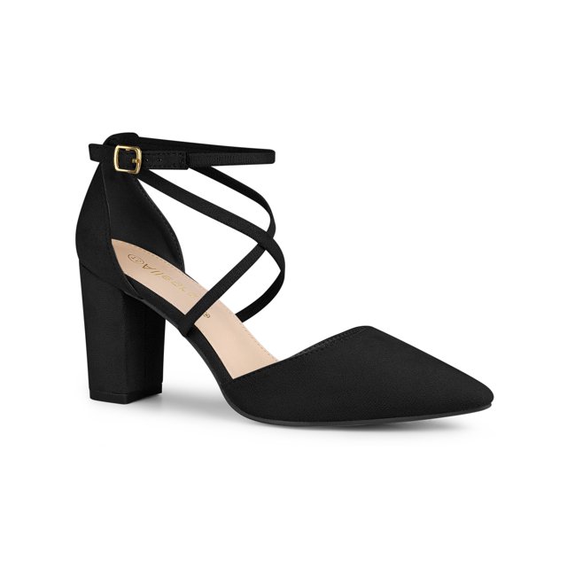BLISSFUL STEP Escarpins à Talons Blocs à Bride Croisée à Bout Pointu pour Femmes Noir 7,5
