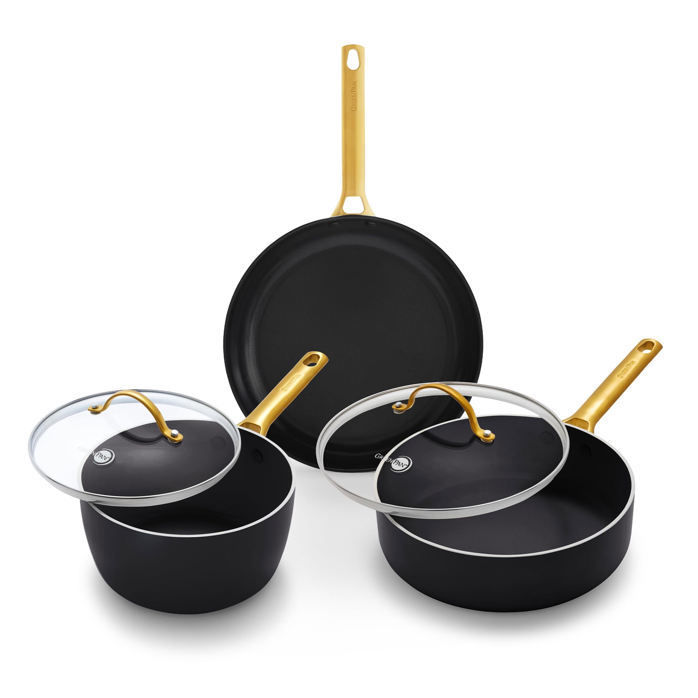 GreenPan 5 Piece Set Cookware Pots and Pans Set Ceramic Nonstick PFAS-Free Hard Anodized Frypan Saucepan Saute Pan with Lids Gold-Tone Stainless Steel Handles Dishwasher Safe Black