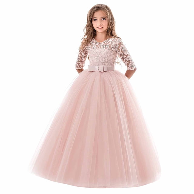 Robe Longue en Dentelle Florale pour Filles, Manches 3/4, Robe de Soirée de Mariage, Robe de Danse Formelle Rose