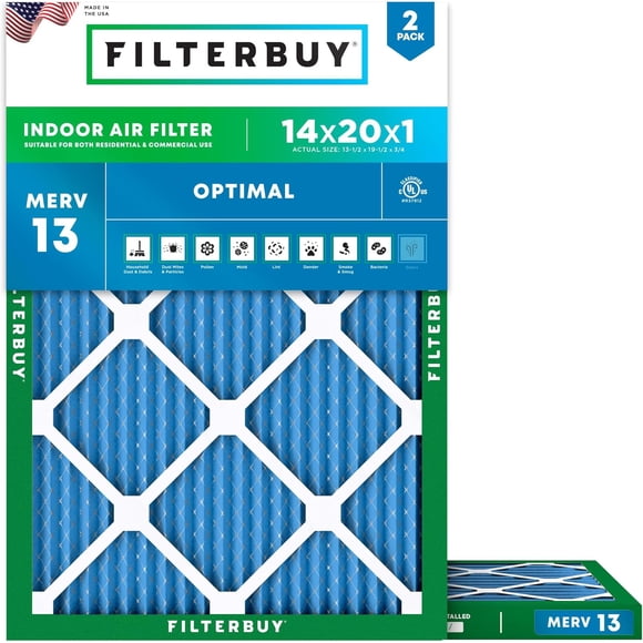 Filterbuy 14x20x1 MERV 13 (MPR 1900) Health Defense, Pleated HVAC AC Furnace Air Filters (2-Pack)