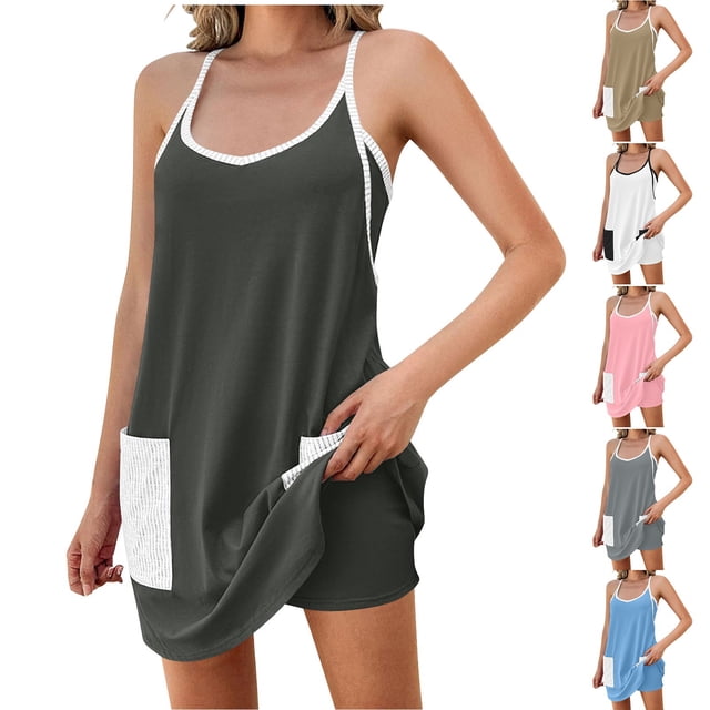QATAINLAV Robe de Tennis Athlétique pour Femme Robe d'Entraînement Sportive Mini avec Short Intégré Sans Manches à Bretelles Spaghetti Combinaison Robe de Golf avec Poche Gris Foncé TTG Vente du Jour