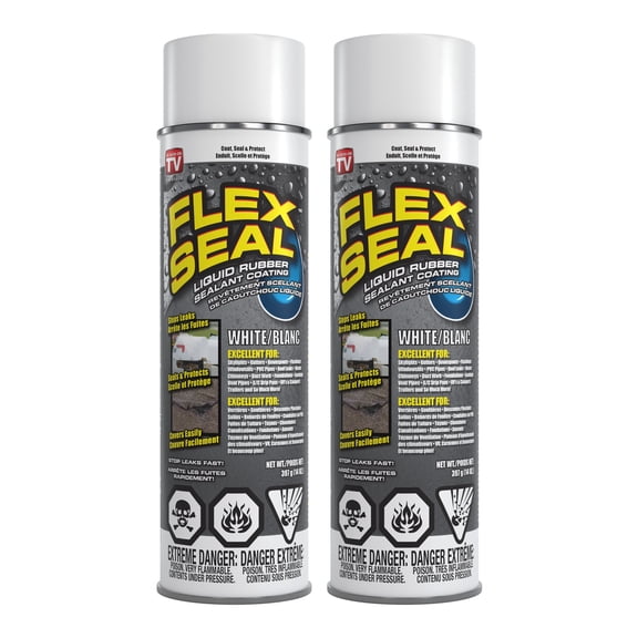 Flex Seal – Arrêtez les Fuites Rapidement! Vaporisateur de Revêtement Caoutchouc Imperméable, Idéal pour Toitures, Trous, Fissures, Projets de Bricolage, Réparations Automobiles, Réparations Intérieures et Extérieures, et Plus – Blanc, 14 oz (397 g) – Lot de 2