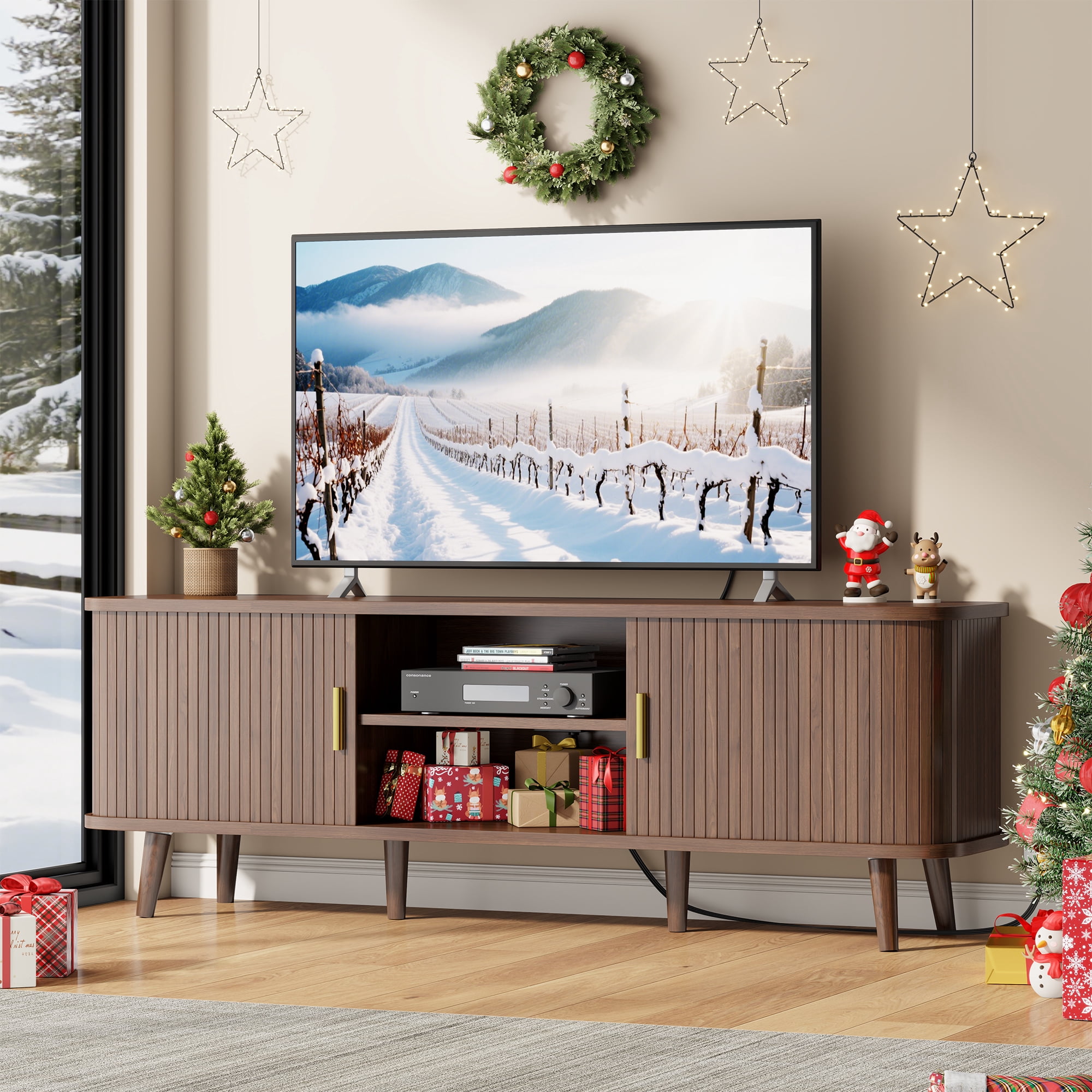 GIKPAL Fluted TV Stand for 65 Inch TV – Modern Entertainment Center with Power Outlets, Adjustable Shelves & Sliding Doors, Stylish Media Console for Living Room, Walnut