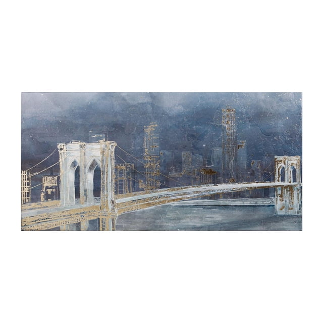 HOMETRENDS Impression sur Toile d'Art Mural Représentant une Ligne d'Horizon Urbaine Abstraite avec un Pont Suspendu dans des Tons Bleu et beige Atténués, Coups de Pinceau Texturés, Mesurant 40 Po L par 20 Po H, Idéale pour Ajouter une Déco Urbaine aux Murs de la Maison Ou du Bureau.