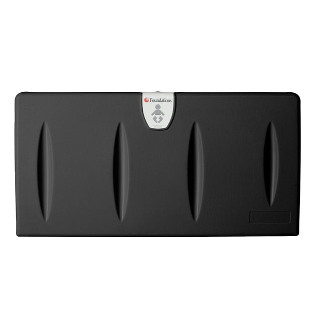 Foundations Classic Horizontal Baby Changing Station with Backer Plate, Black, 100-EH-BP-02. This wall-mounted changing station is made from durable, bacteria-resistant high-density polyethylene with a heavy-duty steel-on-steel hinge for added strength. It features a concave surface with a composite safety strap for secure use, a built-in liner dispenser, and two integrated bag hooks for convenience. Designed for commercial environments, it supports up to 250 lbs and includes an EZ Mount Backer Plate for easy installation. ADA compliant and measures 34.25 inches long, 4 inches wide, and 15.4 inches high.