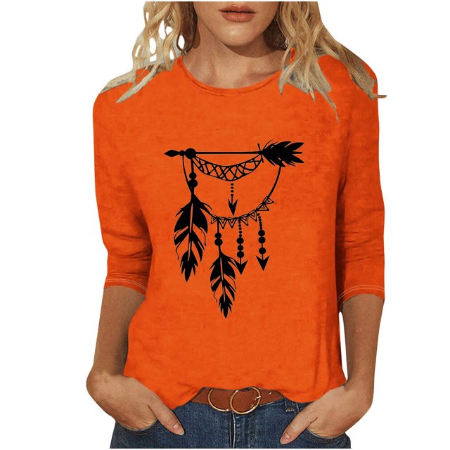Dadaria Matters Tee pour Femmes Chemise Orange Manches 3/4 T-Shirt Col Rond Hauts Attrape-Rêves d'Été Blouses 2TG