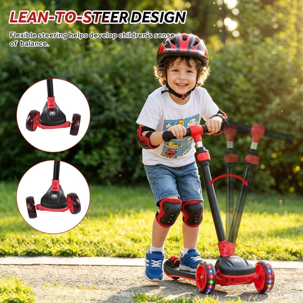 Trottinette Pliable 3 Roues Enfant 2-8 Ans – Guidon Réglable, Lumières LED, Large Plateau Antidérapant, Débutants