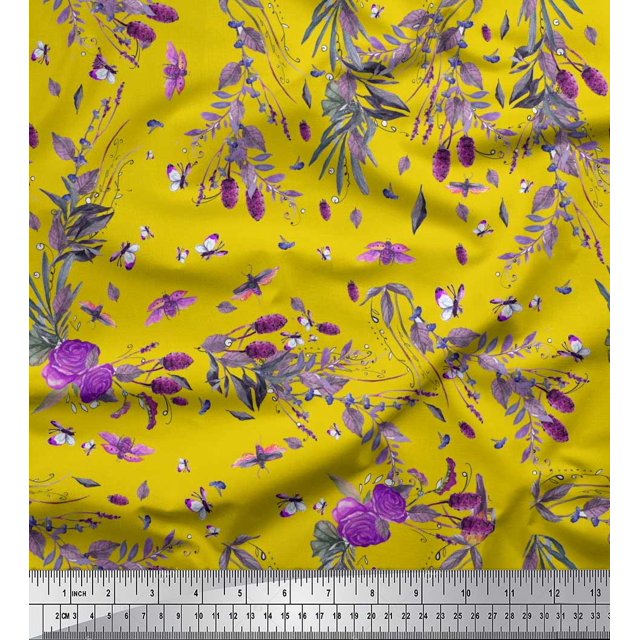 Soimoi Yellow Poly Georgette Fabric Insects,Rose & Leaves Decor Fabric Printed Yard 52 Inch Wide