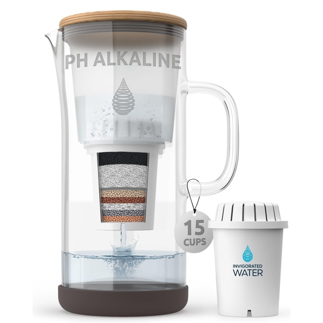 Invigorated Water pH Restore Glass Alkaline Water Pitcher - Long Lasting Water Filter Pitcher with Multi-Stage Filtration System - Glass Water Jug for High pH, Pure Drinking W