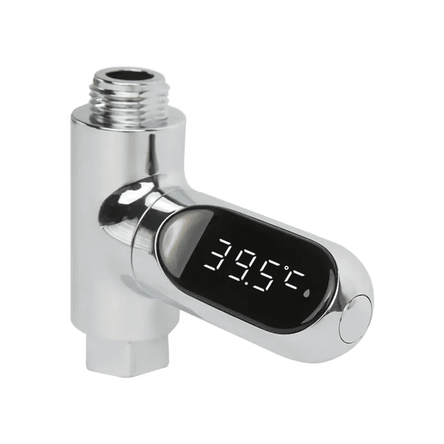 LED Display Home Water Shower Thermometer Flow Water Self-Generating Temperature Meter Monitor with a sleek silver finish. Features a digital LED screen displaying 39.5°C, powered by water flow without the need for batteries. Includes a 360° rotatable waterproof display for easy viewing and a high-precision temperature sensor. Designed for quick installation with a 1/2-inch thread type, suitable for handheld showerheads. Made from durable ABS and PC materials, measuring 81x80.6x30mm and weighing 75g.