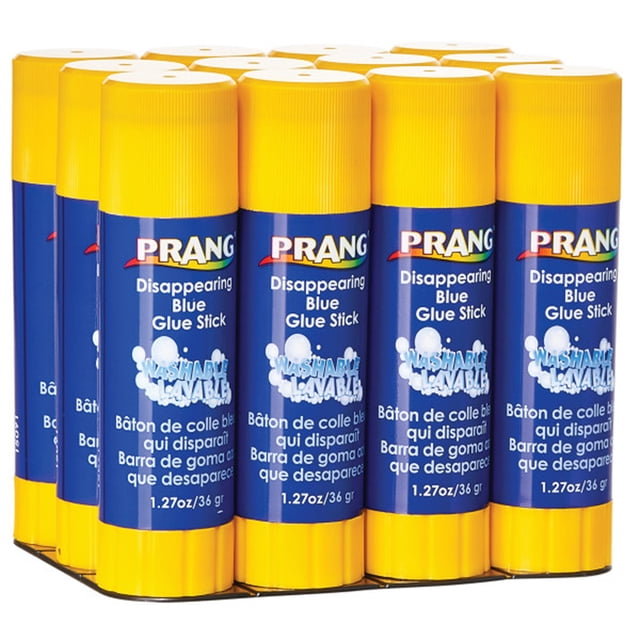 Prang Glue Stick, 1.27 oz, 6 Count. A pack of six twist-up glue sticks with yellow caps and blue labels featuring 'Disappearing Blue Glue Stick' branding. Each stick contains 1.27 ounces of washable, non-toxic glue suitable for paper, photos, fabric, and craft supplies. AP certified and wrinkle-free drying.
