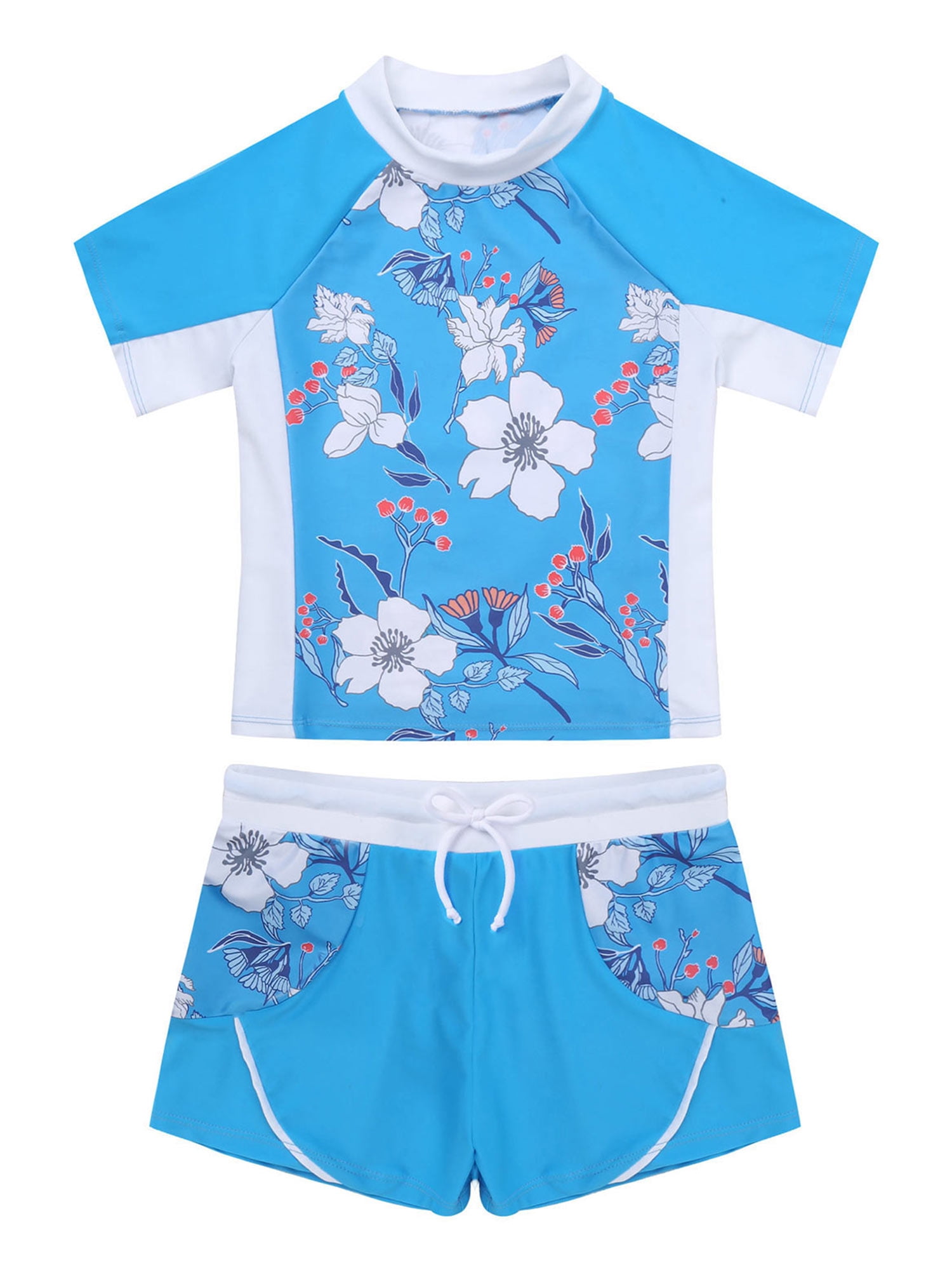CHICTRY Kids Girls Rash Guard Swimsuit 2Pcs Sets Floral Print Short Sleeve Shirt with Booty Shorts Tankini Blue 6